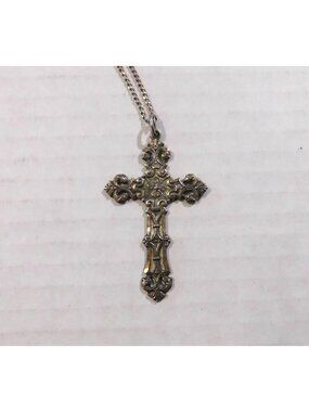 Vintage Sterling Chapel Cross Necklace 27" Endless Chain Ornate 2” Pendant